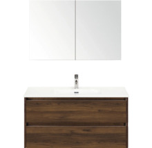 Umyvadlová zostava so zrkadlovou skrinkou a dreveným dekorom