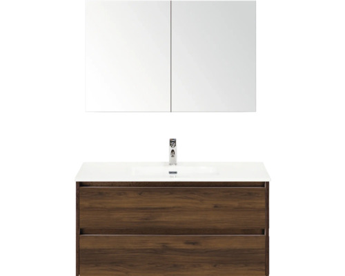 Umyvadlová zostava so zrkadlovou skrinkou a dreveným dekorom