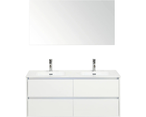 Kúpeľňová zostava Sanox Dante 121 cm biela Súprava kúpeľňového nábytku s dvojitým umývadlom, skrinkou pod umývadlo a zrkadlom