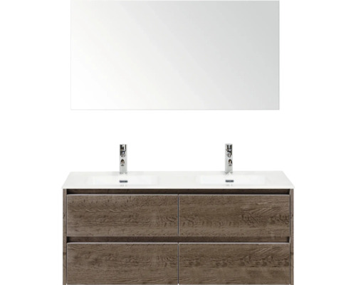 Kúpeľňová zostava Sanox Dante 121 cm tabacco Skrinka s umývadlom so zrkadlom, dvojité umývadlo a drevený dekor