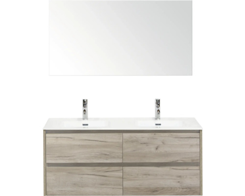 Kúpeľňová zostava Sanox Dante 121 cm craft oak Umývadlová skrinka s dvojitým umývadlom, zrkadlom a drevenou spodnou skrinkou do kúpeľne