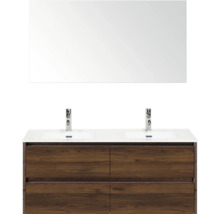 Dvojité umývadlo so zrkadlom, skrinka so zásuvkami a dve batérie