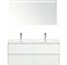 Umývadlo so skrinkou, dvojité umývadlo, vodovodné batérie a zrkadlo s osvetlením