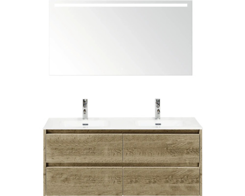 Kúpeľňová skrinka s umývadlom, zrkadlom a vzhľadom dreva