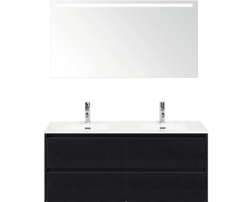 Kúpeľňový komplet s dvojitým umývadlom, skrinkou so zásuvkami a zrkadlom s osvetlením