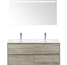 Umývadlo so skrinkou, dvojité umývadlo, dve batérie a osvetlené zrkadlo