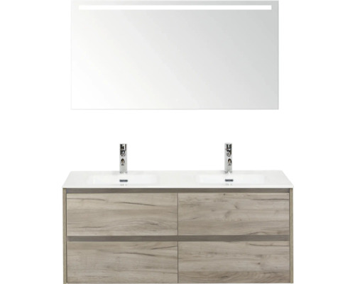 Umývadlo so skrinkou, dvojité umývadlo, dve batérie a osvetlené zrkadlo