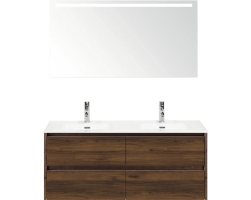 Kombinácia umývadla s dvoma umývadlami, spodnou skrinkou a zrkadlom s osvetlením