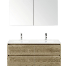 Umývadlová skrinka s dvoma umývadlami, drevená spodná skrinka a zrkadlová skrinka