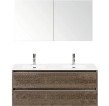 Skrinka pod umývadlo s dvomi umývadlami, spodnou skrinkou a zrkadlovou skrinkou