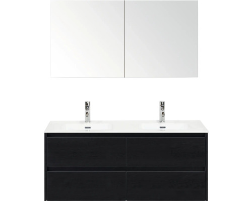 Skrinka pod umývadlo s dvoma umývadlami, spodná skrinka so štyrmi zásuvkami a zrkadlová skrinka