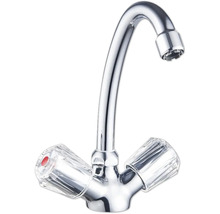 Kovová vodovodná batéria s dvoma rukoväťami na nastavenie teploty