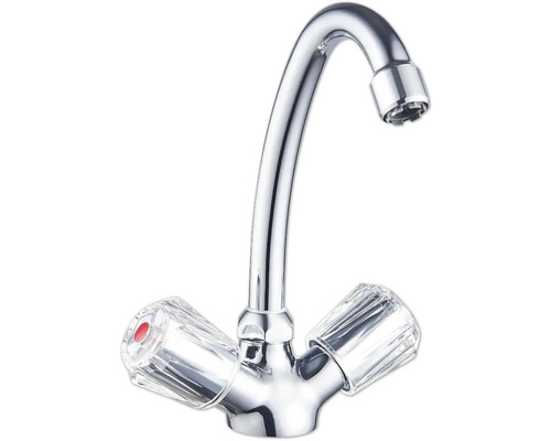 Kovová vodovodná batéria s dvoma rukoväťami na nastavenie teploty