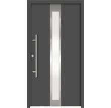 Sivé vchodové dvere s nerezovou kľučkou a preskleným otvorom