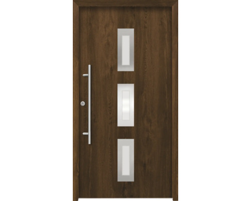 Oceľové vchodové dvere bezpečnostné Artemis RC2 100 x 210 cm L orech Hnedé vchodové dvere s tromi obdĺžnikovými sklenenými výplňami a striebornou kľučkou.