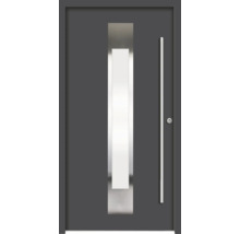 Sivé vchodové dvere so sklenenou vložkou a tyčovým držadlom