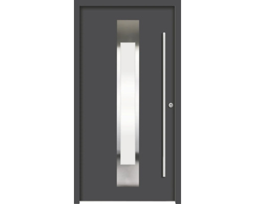 Hliníkovo-oceľové vchodové dvere bezpečnostné Aron RC2 110 x 210 cm P antracit Sivé vchodové dvere so sklenenou vložkou a tyčovým držadlom