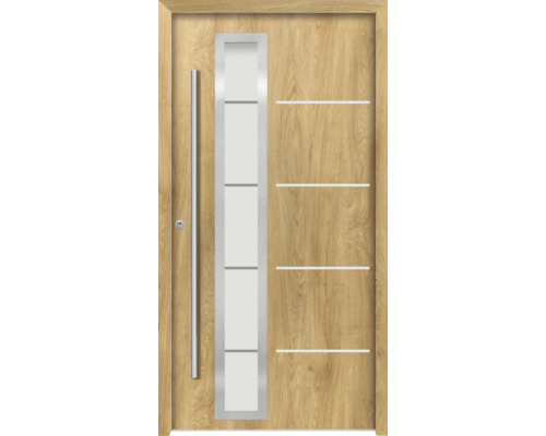 Oceľové vchodové dvere bezpečnostné Demeter RC2 100 x 210 cm L dub prírodný Drevené dvere so sklenenou vložkou a nerezovými držadlami