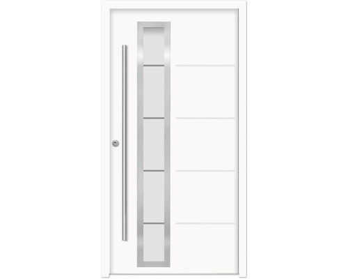 Oceľové vchodové dvere bezpečnostné Demeter RC2 100 x 210 cm L biele Biele vchodové dvere so sklenenou vložkou a tyčovým držadlom