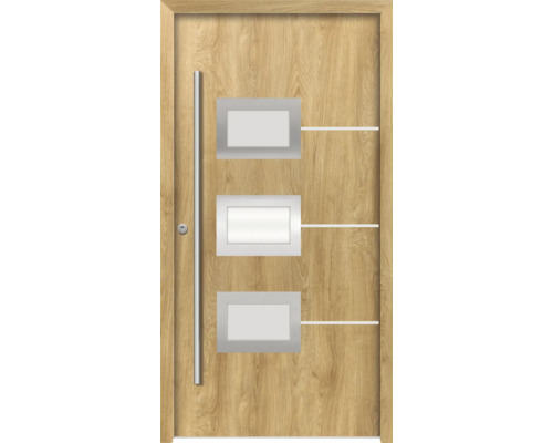 Oceľové vchodové dvere bezpečnostné Hera RC2 100 x 210 cm L dub prírodný Drevené dvere s tromi obdĺžnikovými sklenenými výplňami