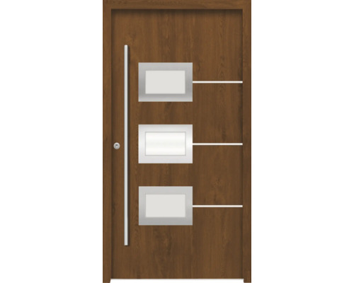 Oceľové vchodové dvere bezpečnostné Hera RC2 100 x 210 cm L zlatý dub Drevené vchodové dvere s tromi obdĺžnikovými sklenenými panelmi