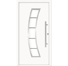 Biele vchodové dvere so skleneným prvkom a nerezovou kľučkou