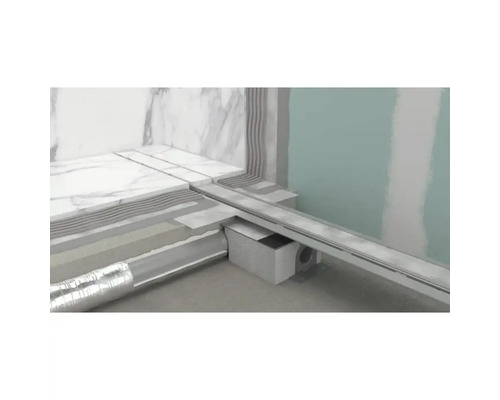 Priečny rez sprchy v úrovni podlahy so sprchovým žľabom a odtokovým systémom