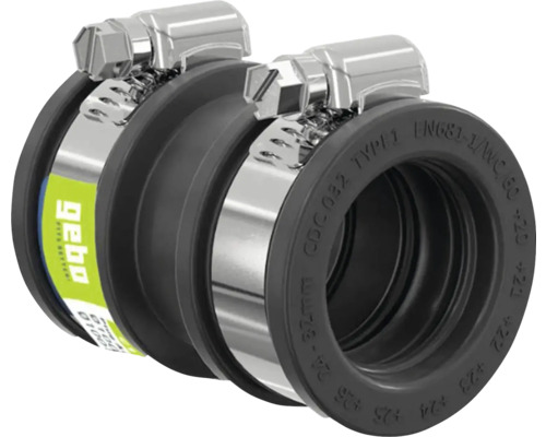 Dve flexibilné spojky Gebo z gumy a nehrdzavejúcej ocele na montáž rúr.