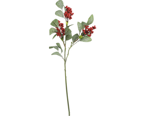 Umelá rastlina vetvička s červenými bobuľami plastová V 70 cm zelená Dekoratívna vetva s listami a bobuľami na dekoráciu