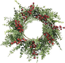 Dekoratívny veniec so zelenými listami a červenými bobuľami