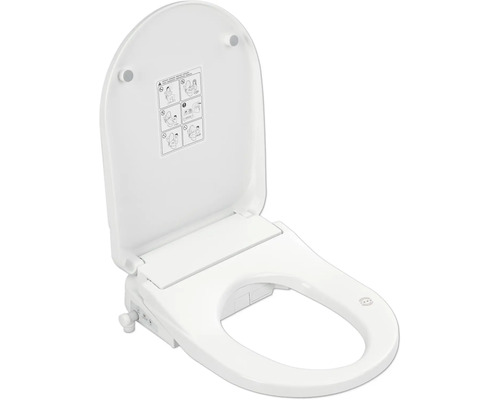 Biele sprchovacie WC sedadlo s otvoreným vekom.