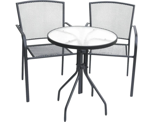 Záhradný nábytok s dvoma stoličkami a stolom so sklenenou doskou