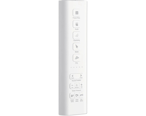 Diaľkové ovládanie bidetu s tlačidlami pre napájanie, automatické čistenie, funkciu bidetu, sušenie, polohu trysky, tlak vody a teplotu