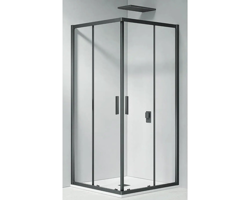Rohový sprchovací kút s posuvnými dverami a tmavým rámom
