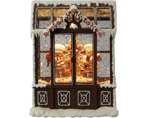 Lampáš LED snežítko perníková chalúpka 16 x 9 x 21 cm, teplé biele svetlo Ozdobný medovníkový domček s medovníkovými mužmi a snehom ako vianočná dekorácia