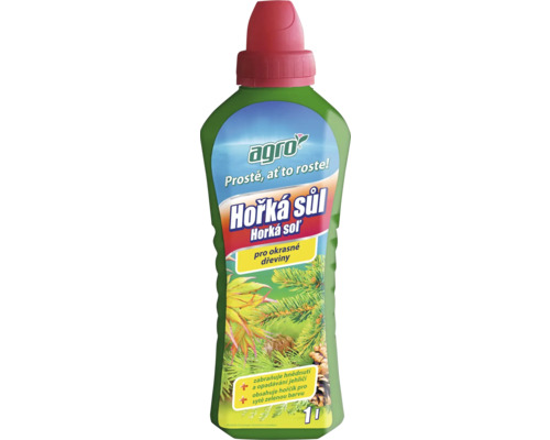 Horká soľ na hnojenie okrasných drevín v jednolitrovej fľaši