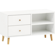 Biela skrinka s dvomi zásuvkami a dvomi otvorenými policami