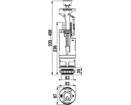 Technický nákres splachovacej nádrže s rozmermi