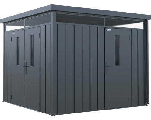 Kovová záhradná skriňa s dvomi dverami a oknami