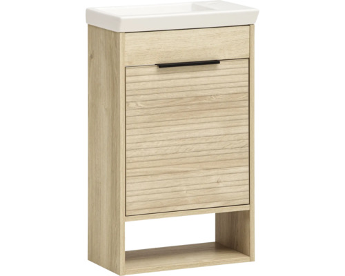 Kúpeľňová zostava Möbelpartner Mads 45,5 cm dub svetlý Skrinka pod umývadlo so zásuvkou a otvorenou priehradkou