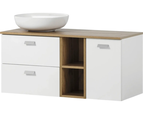 Kúpeľňová zostava Möbelpartner Mona 100 cm biela Skrinka pod umývadlo s umývadlom na dosku, zásuvkami a policami