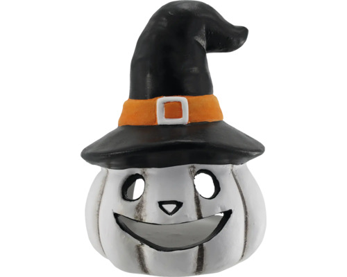 Dekoratívna tekvicová figúrka s čarodejníckym klobúkom na Halloween