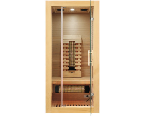 Infračervená sauna so sklenenými dverami a dreveným obkladom