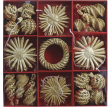 Súprava slamených hviezd a slamených ozdôb v červenej krabici