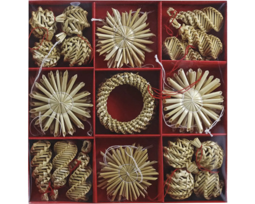 Súprava slamených hviezd a slamených ozdôb v červenej krabici