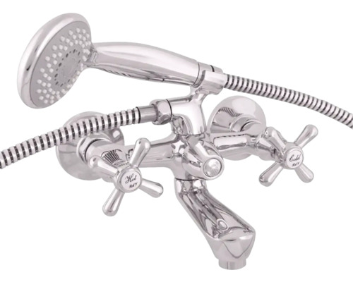 Sprchová batéria s ručnou sprchou a krížovými kohútikmi na teplú a studenú vodu