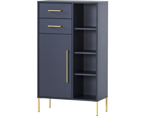 Skriňa Highboard Möbelpartner Kent nočná modrá 67,1 x 117,4 x 33,1 cm Komoda s tromi zásuvkami, jednými dvierkami, otvorenými policami a nožičkami