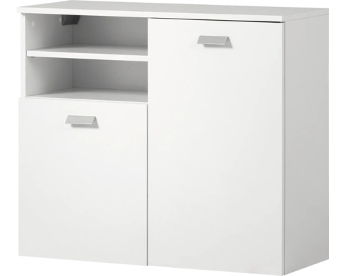 Biela skrinka s dvomi dvierkami a dvoma otvorenými policami