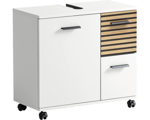 Skrinka pod umývadlo Möbelpartner Katta drevená optika biela 65,1 x 60 x 32 cm Skrinka pod umývadlo so zásuvkami a kolieskami