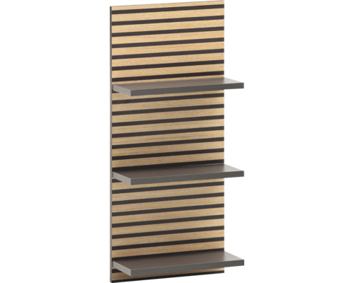 Nástenný regál Möbelpartner Katta drevená optika 30,3 x 70,2 x 17,45 cm Nástenná polica s dreveným panelom a tromi policami